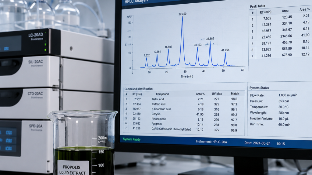 Analyzing active markers and Artepillin-C in green propolis extracts using laboratory HPLC-UV equipment