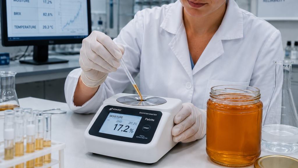 Measuring honey moisture content and HMF levels using a digital refractometer in a quality control laboratory